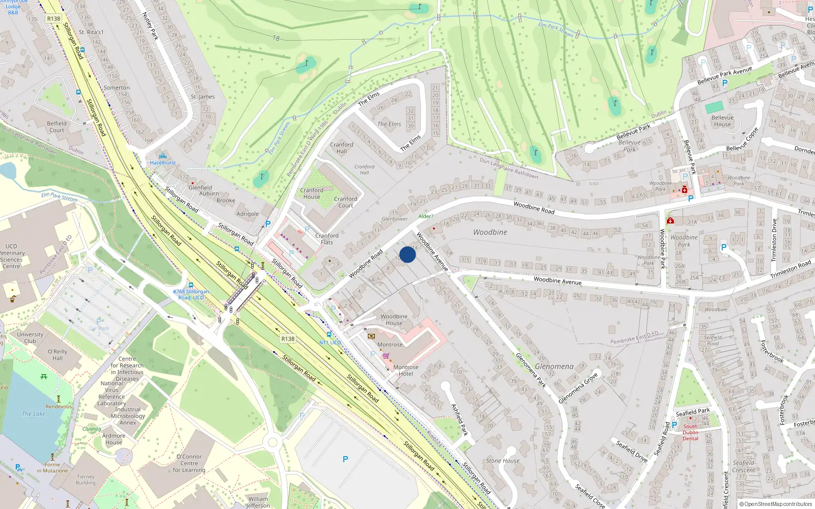 Overhead map showing the location of 12 Woodbine Road, Blackrock