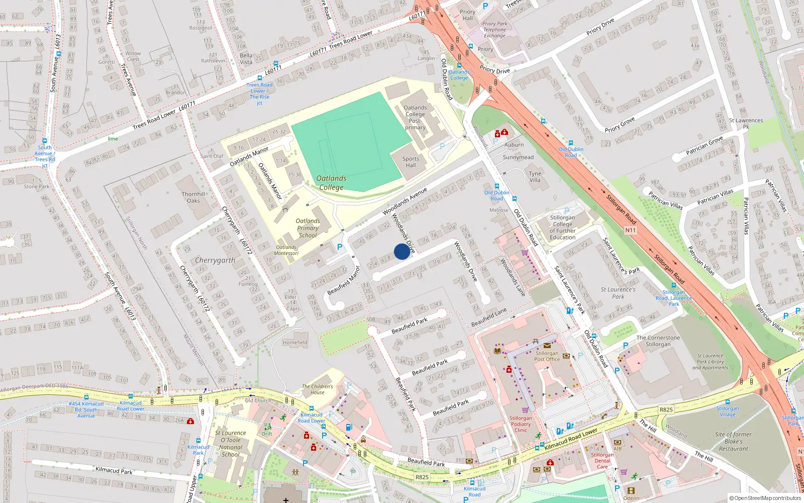 Overhead map showing the location of 12 Woodlands Drive, Stillorgan North