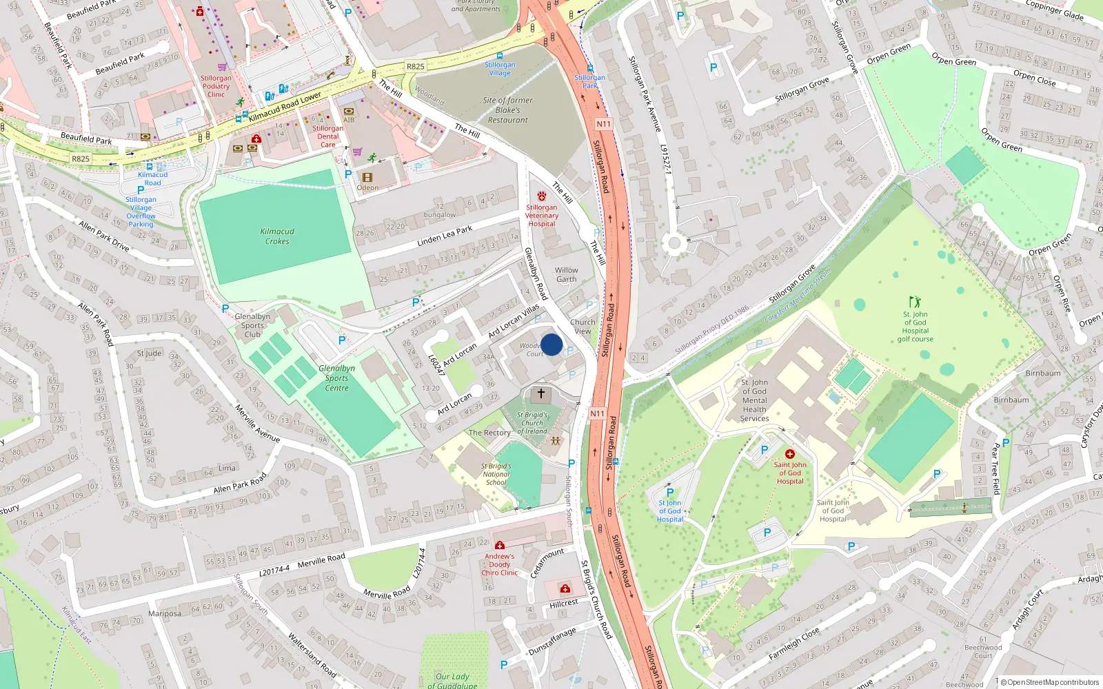 Overhead map showing the location of 12 Woodview Court, Glenalbyn Road, Stillorgan