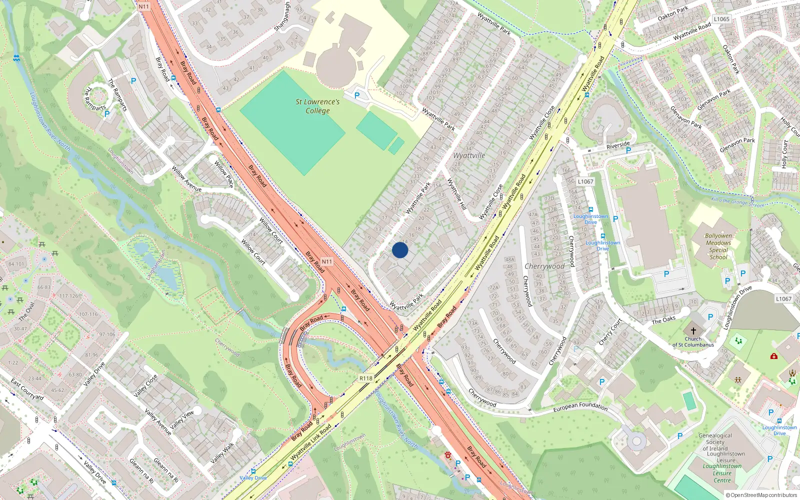 Overhead map showing the location of 12 Wyattville Park, Killiney