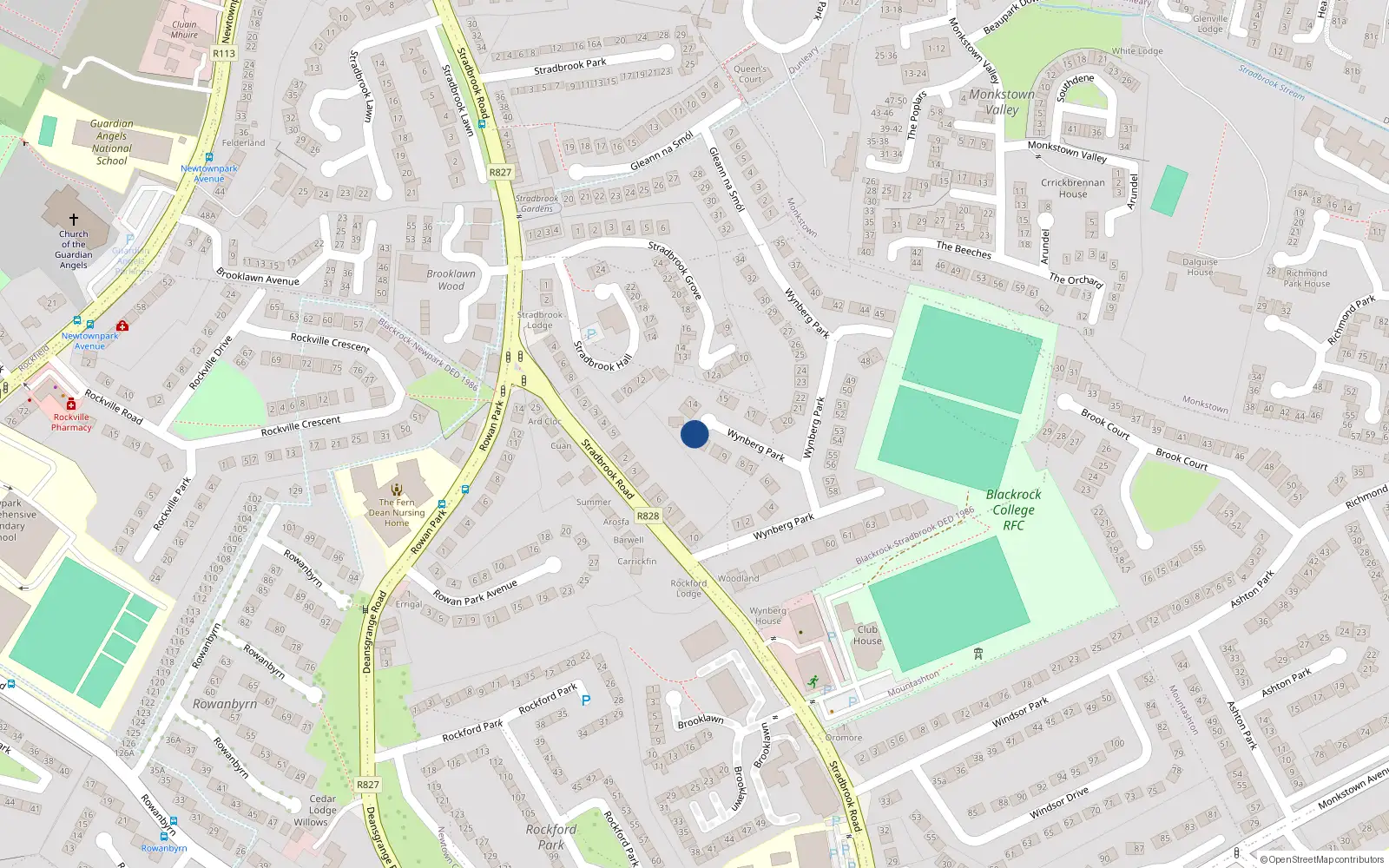Overhead map showing the location of 12 Wynberg Park, Blackrock