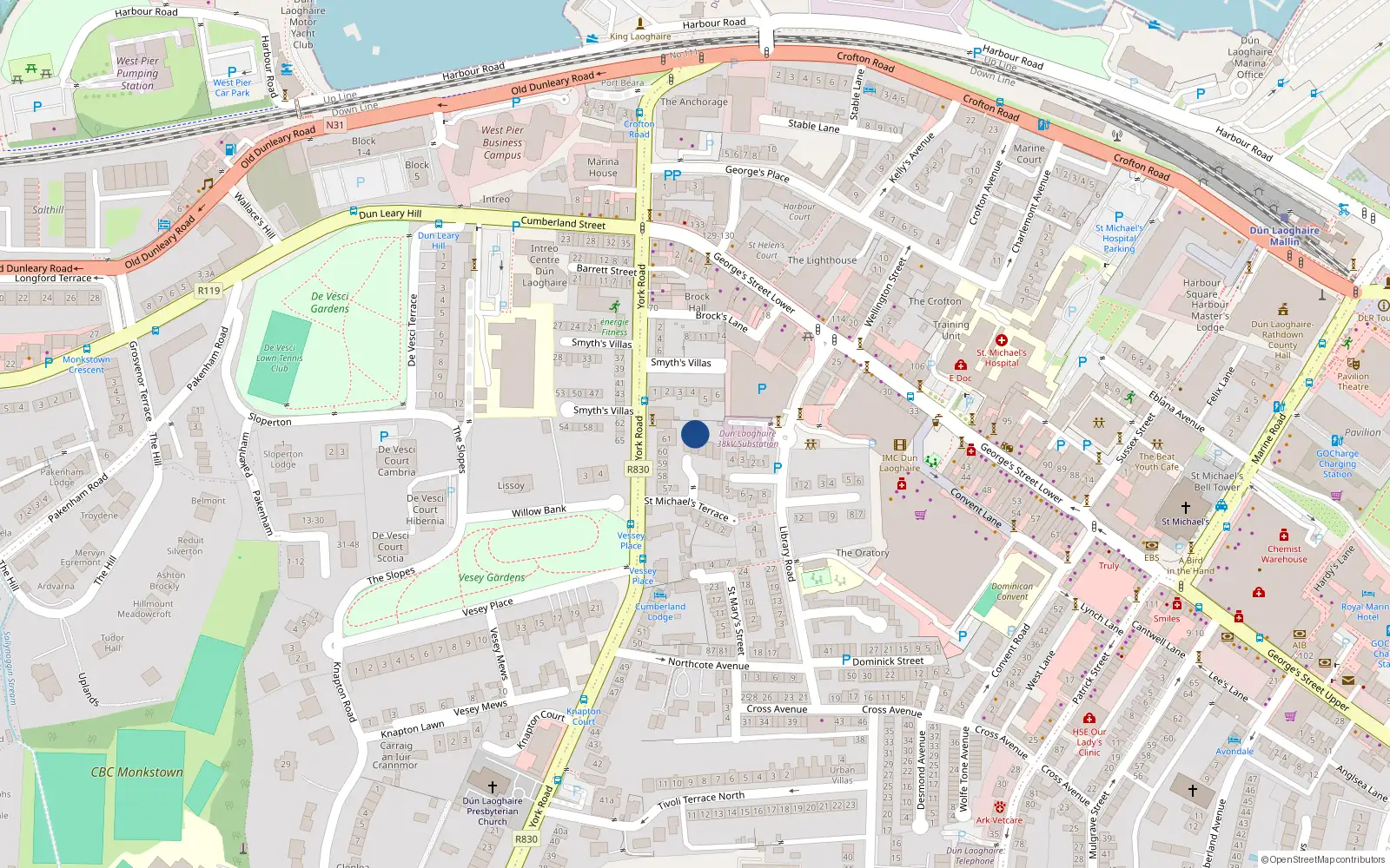 Overhead map showing the location of 12 York Court, York Road, Dun Laoghaire