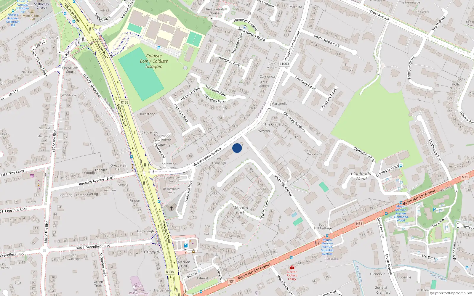 Overhead map showing the location of 120 Booterstown Avenue, Blackrock, Dublin