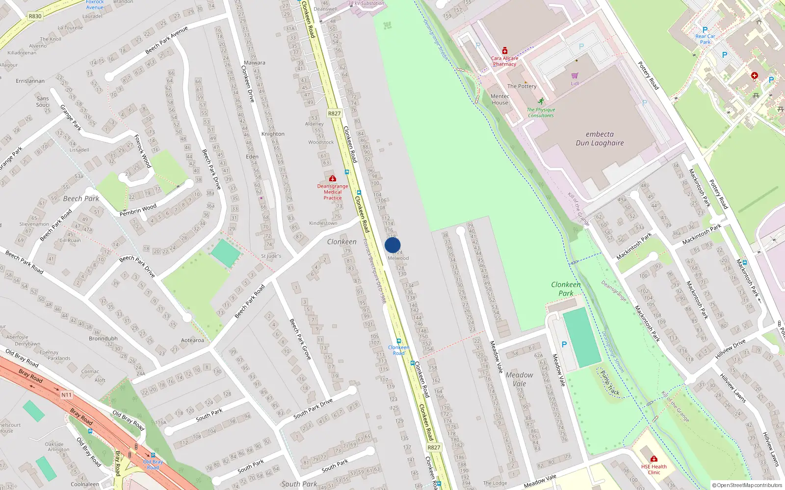 Overhead map showing the location of 120 Clonkeen Road, Blackrock, Dublin