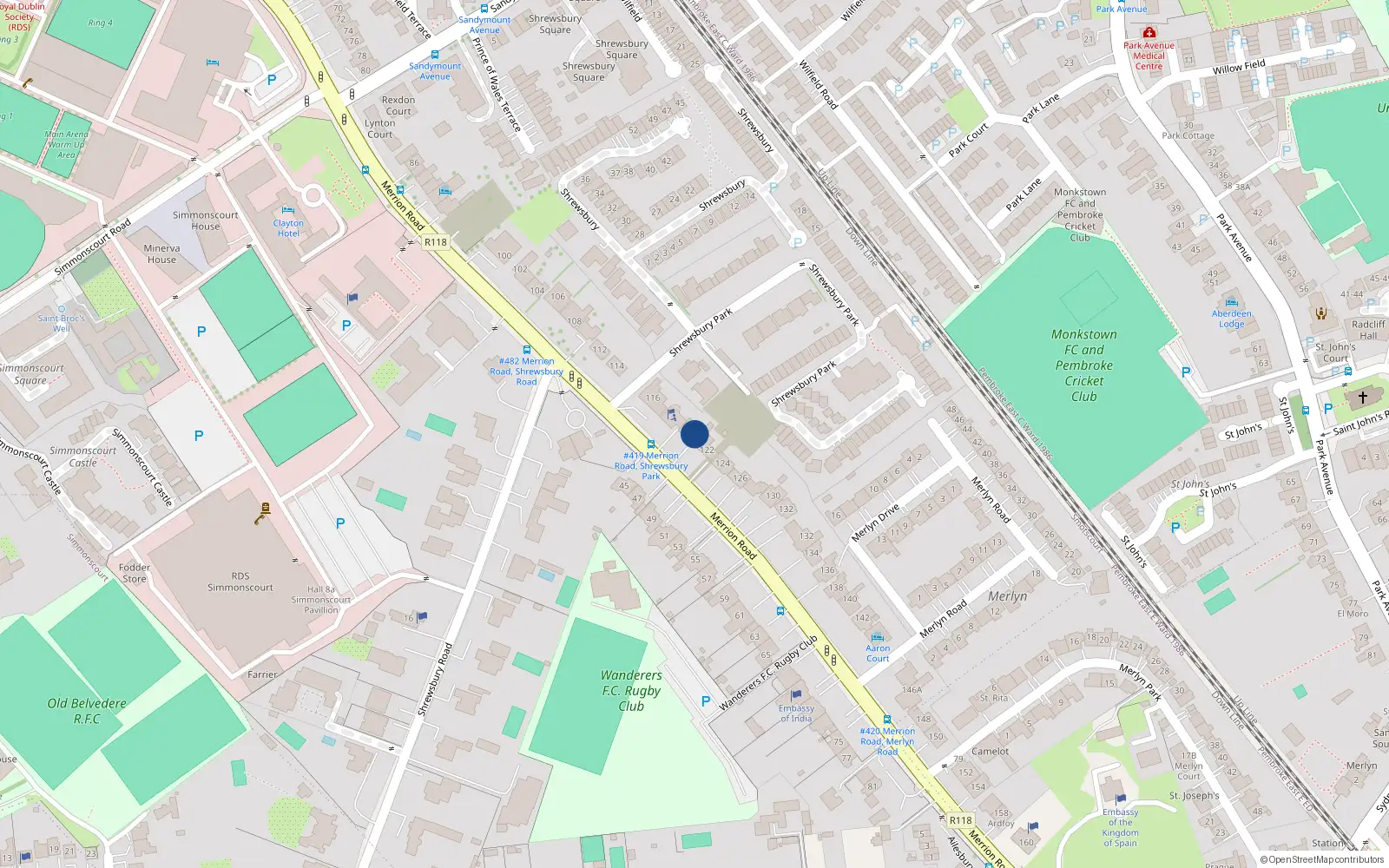 Overhead map showing the location of 120 Merrion Road, Ballsbridge