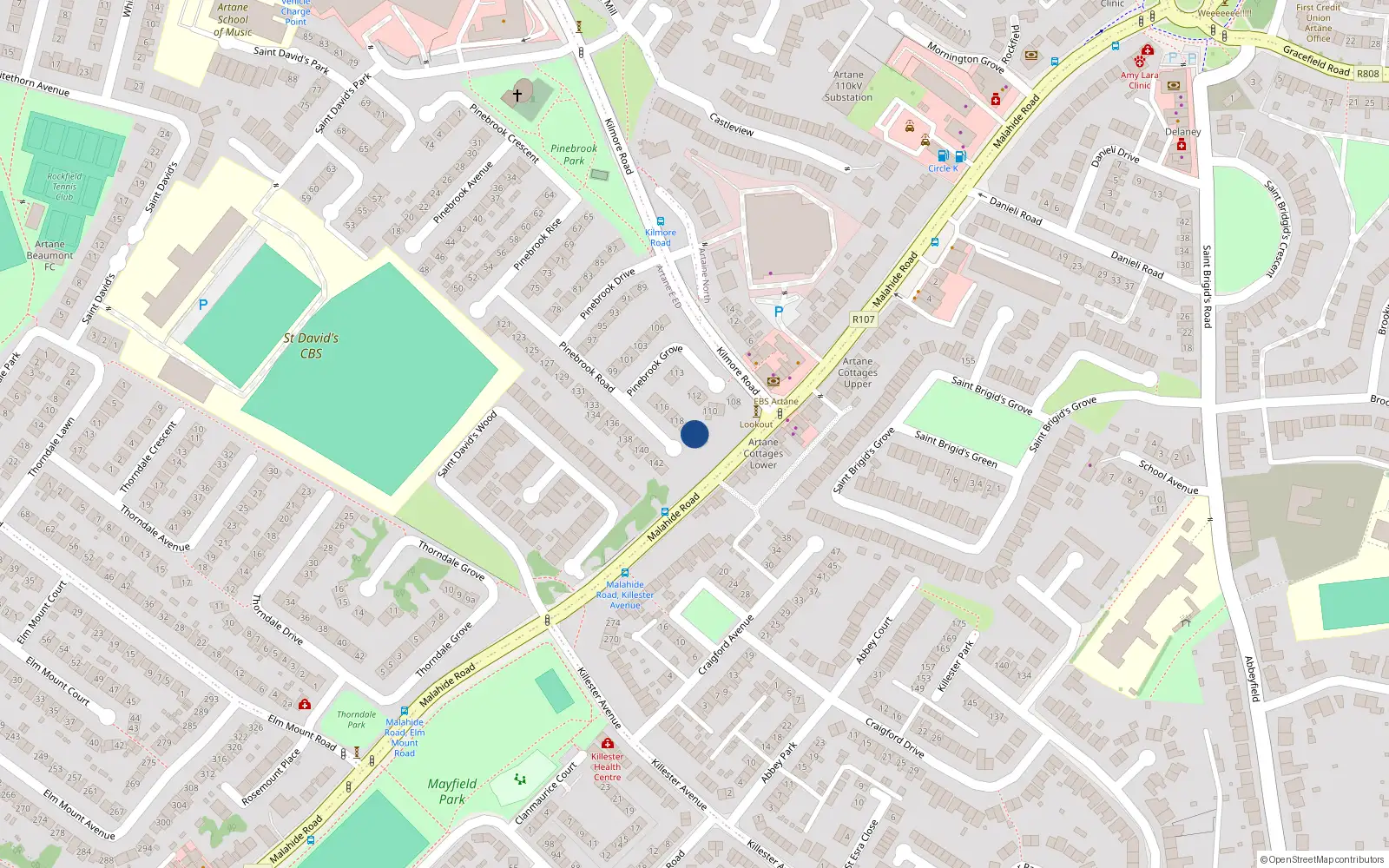 Overhead map showing the location of 120 Pinebrook Road, Dublin 5