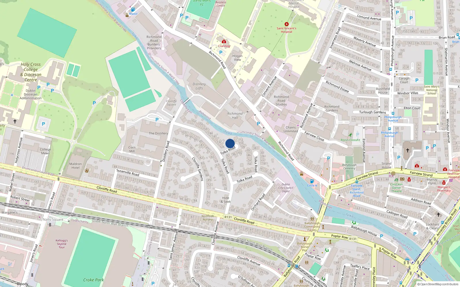 Overhead map showing the location of 120 Tolka Road, Dublin 3