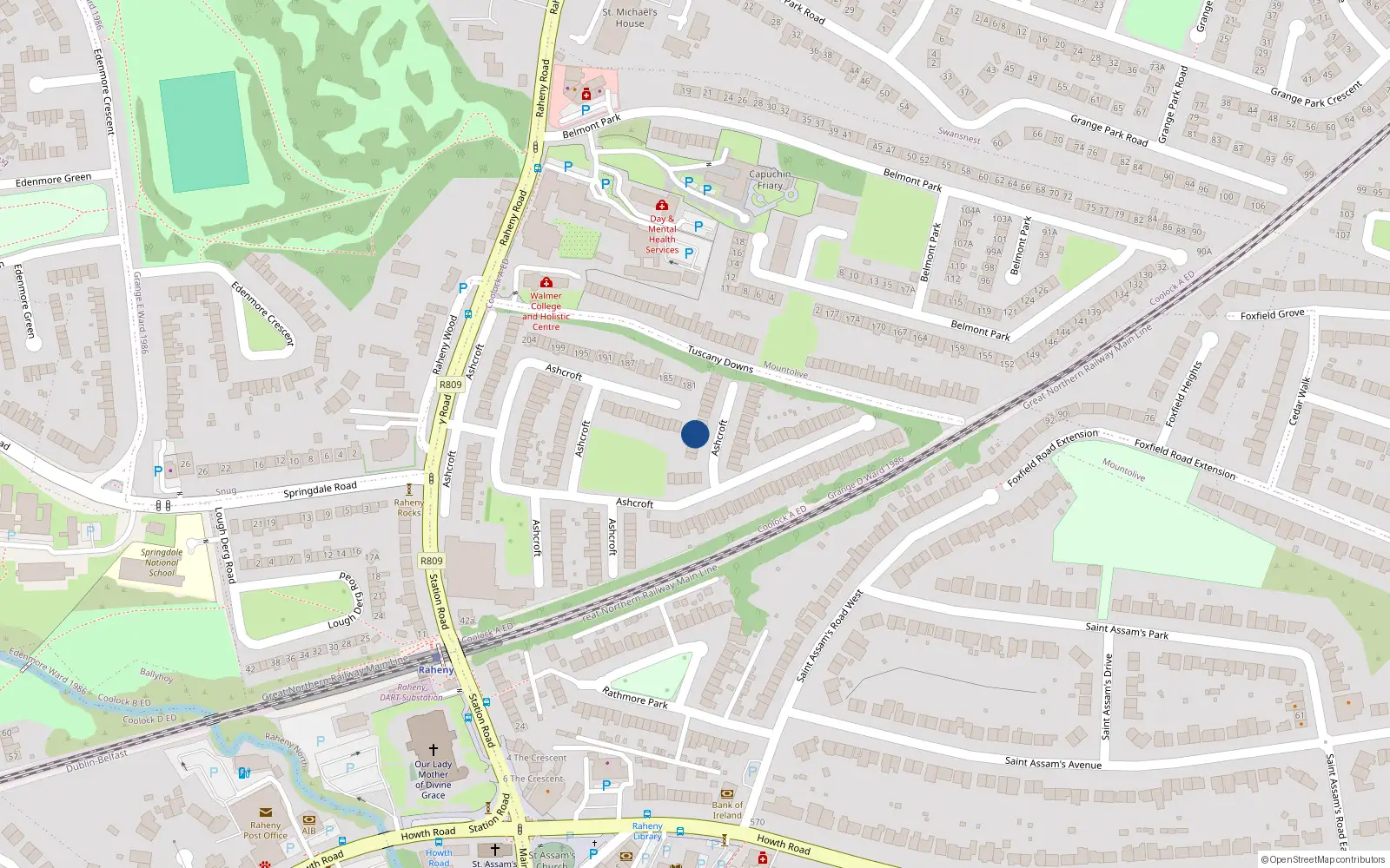 Overhead map showing the location of 121 Ashcroft, Raheny, Dublin