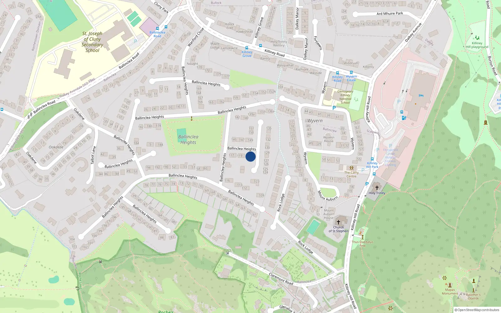 Overhead map showing the location of 121 Ballinclea Heights, Killiney, Dublin