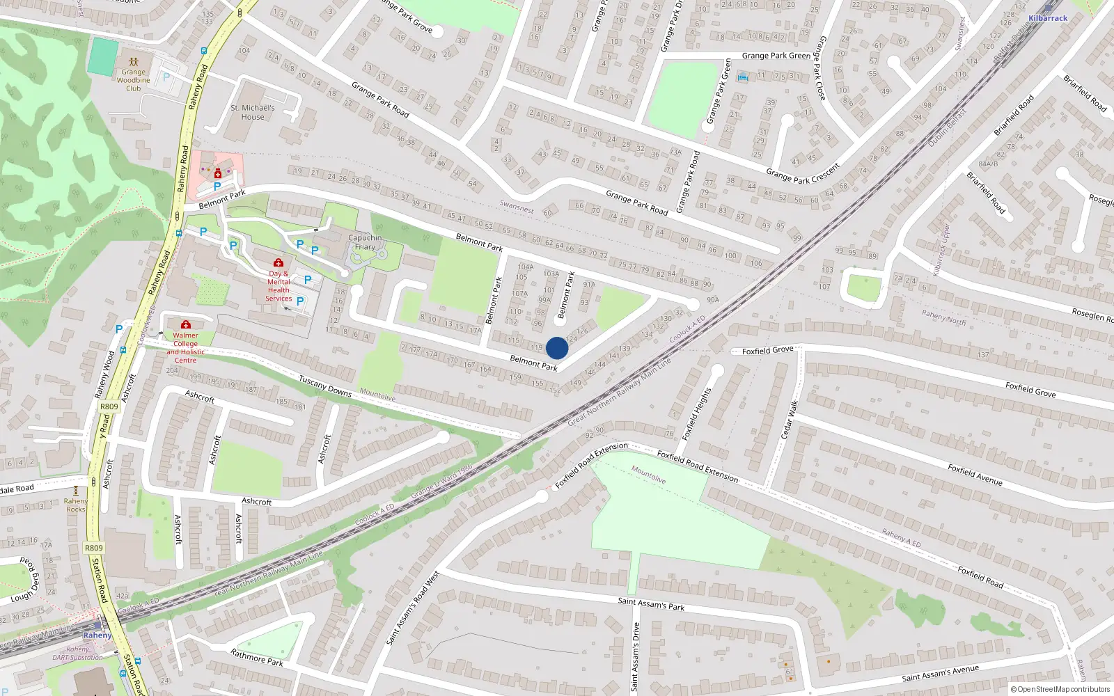 Overhead map showing the location of 121 Belmont Park, Dublin 5