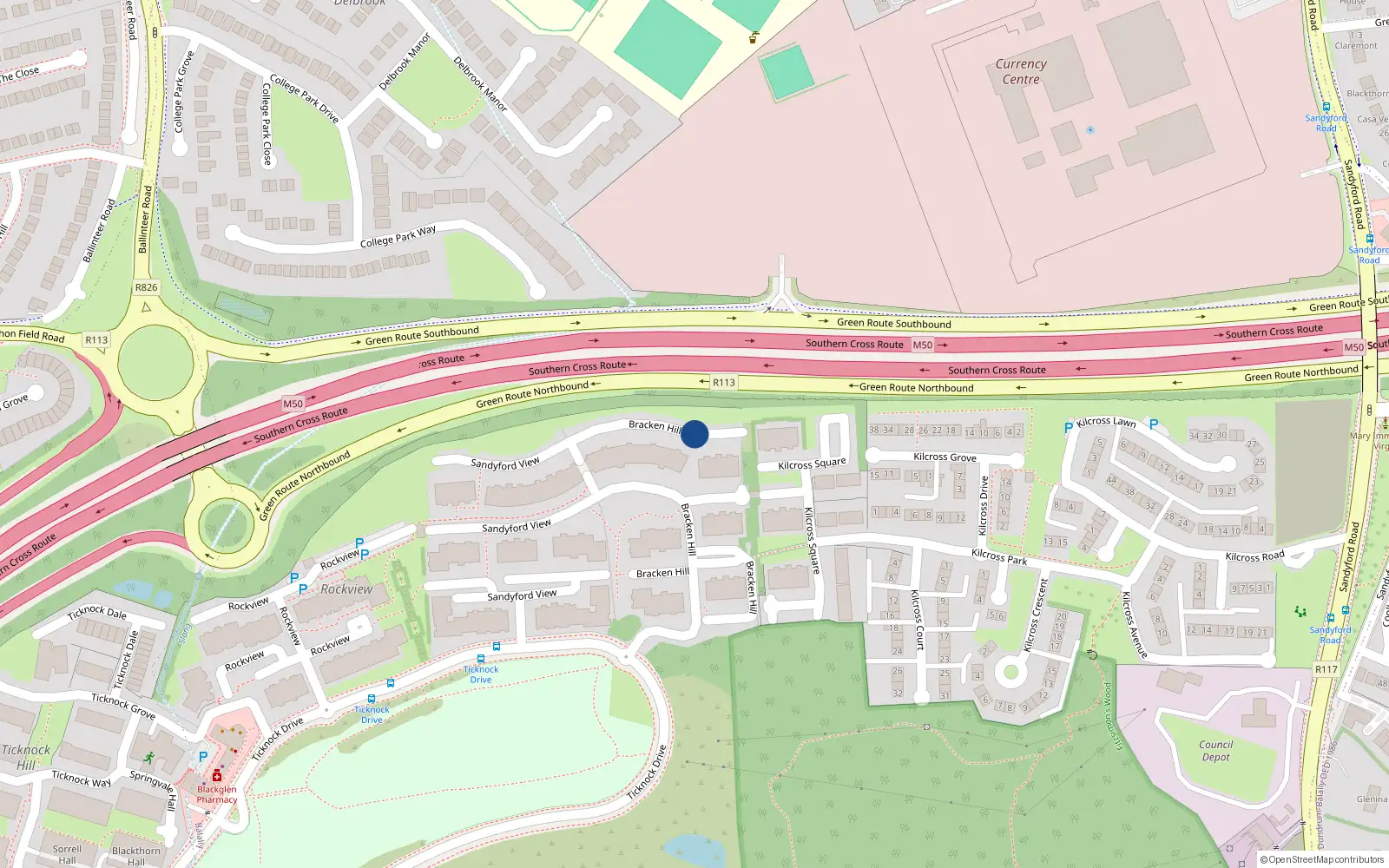 Overhead map showing the location of 121 Bracken Hill, Sandyford