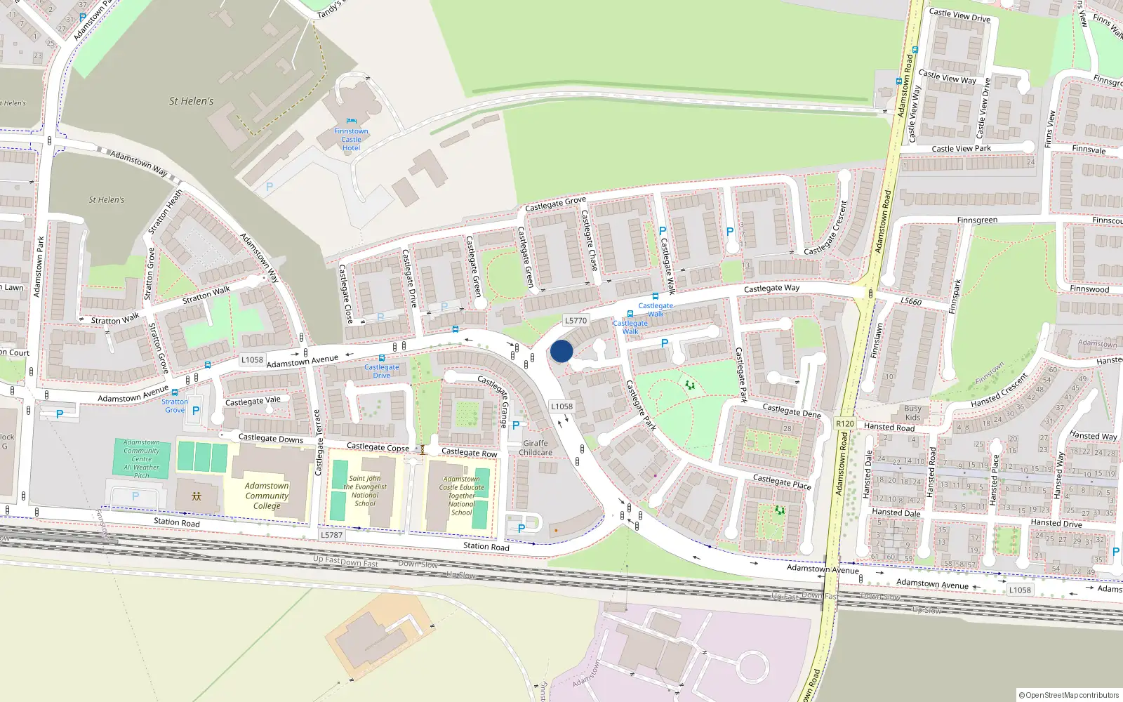 Overhead map showing the location of 121 Castlegate Way, Lucan