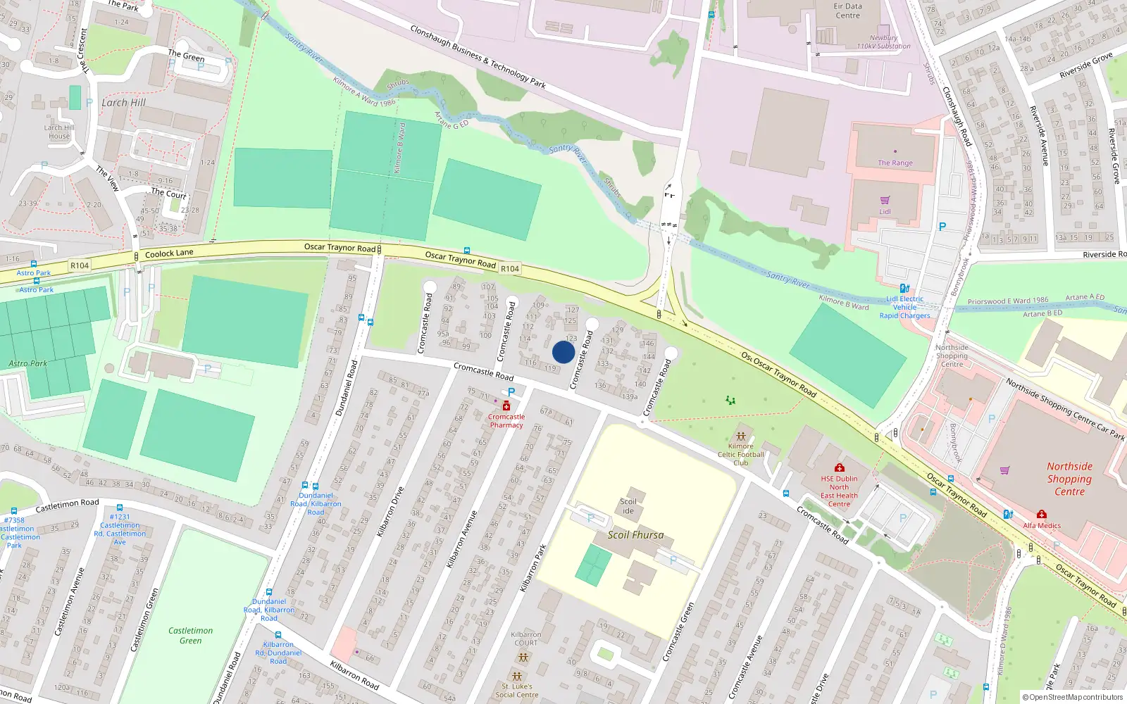 Overhead map showing the location of 121 Cromcastle Road, Coolock, Dublin 5