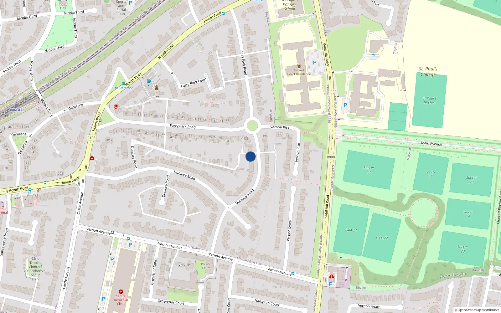 Overhead map showing the location of 121 Dunluce Road, Clontarf, Dublin 3