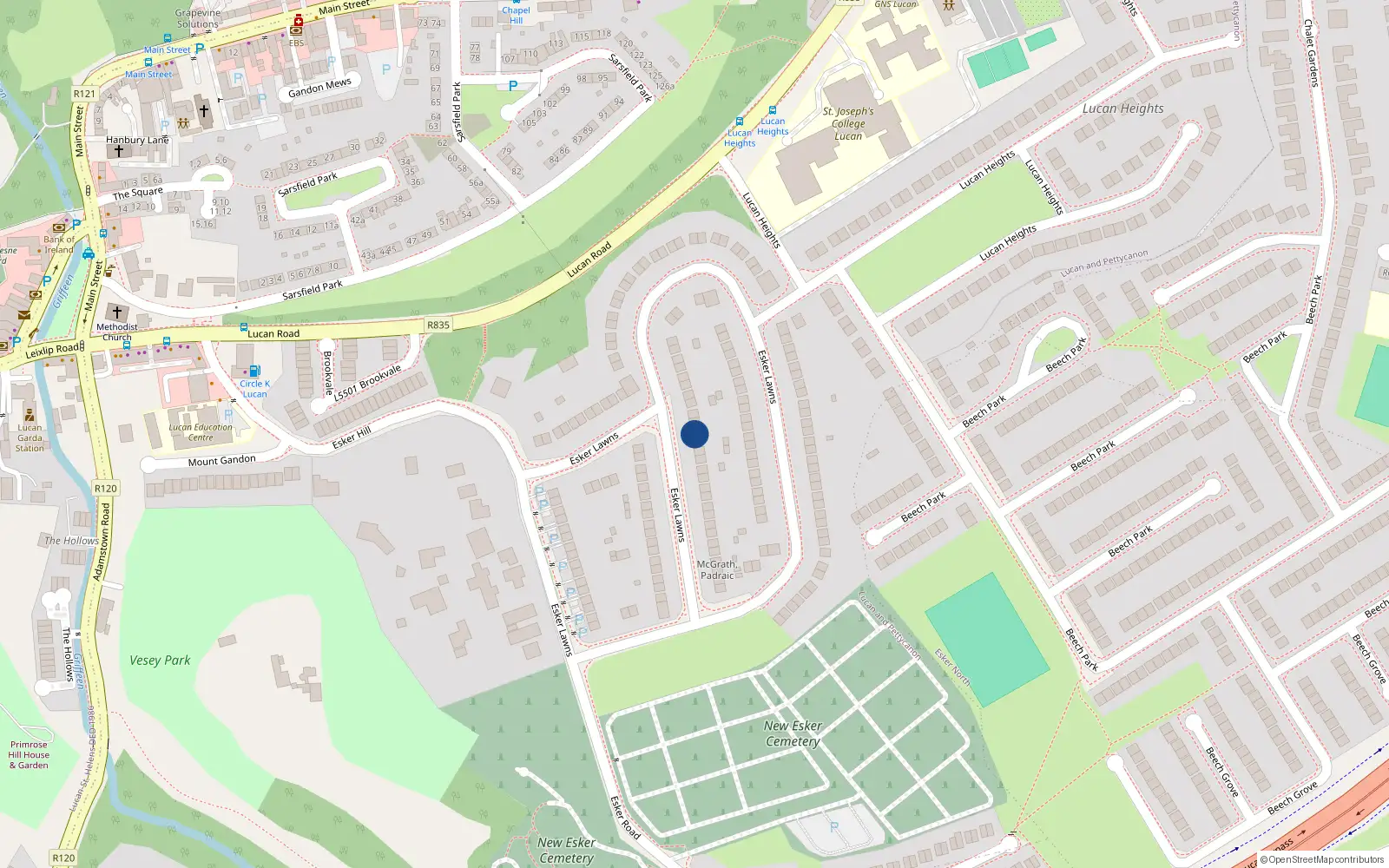 Overhead map showing the location of 121 Esker Lawns, Lucan