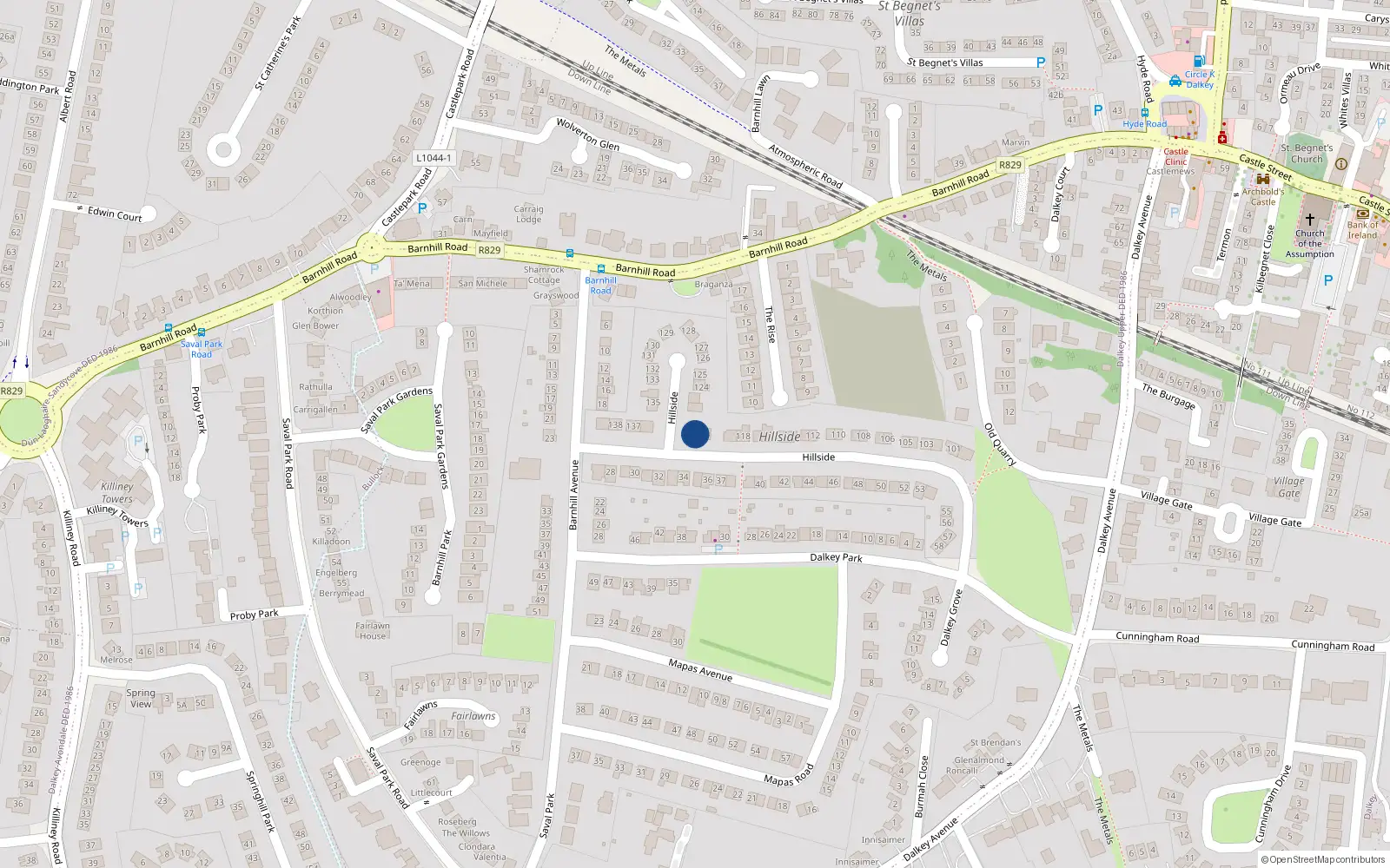 Overhead map showing the location of 121 Hillside, Dalkey, Dublin