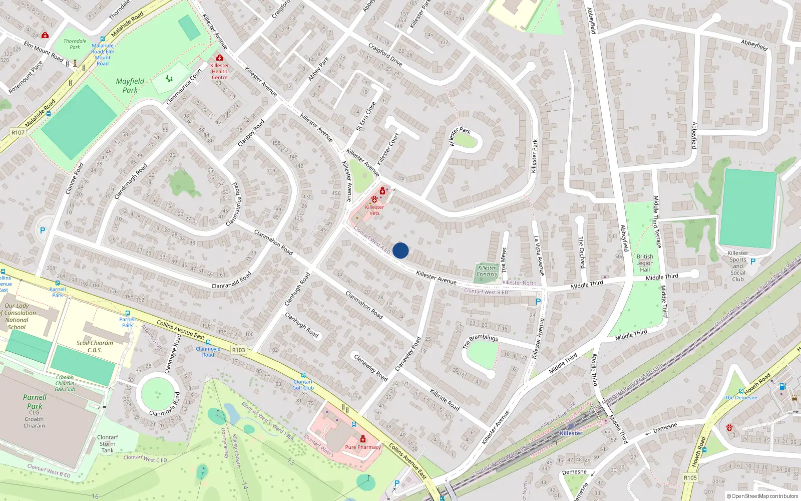 Overhead map showing the location of 121 Killester Avenue, Dublin 5
