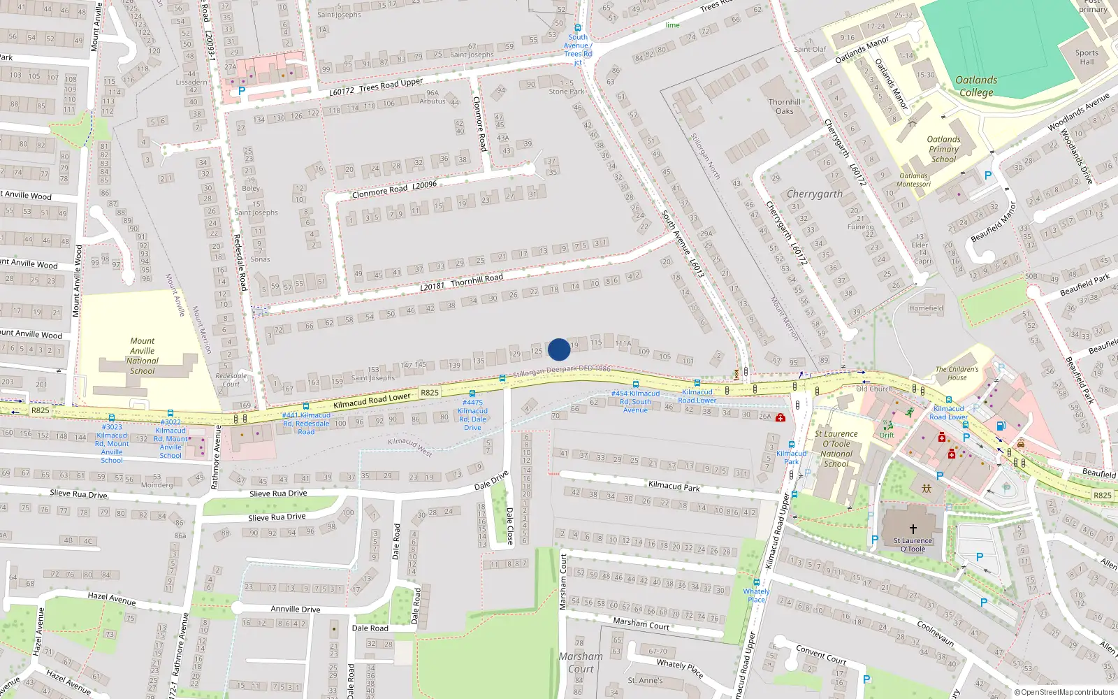 Overhead map showing the location of 121 Lower Kilmacud Road, Stillorgan, Dublin