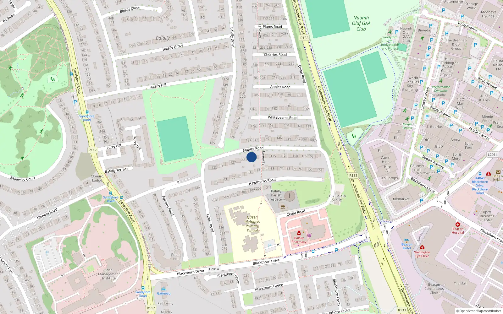 Overhead map showing the location of 121 Maples Road, Dublin 16