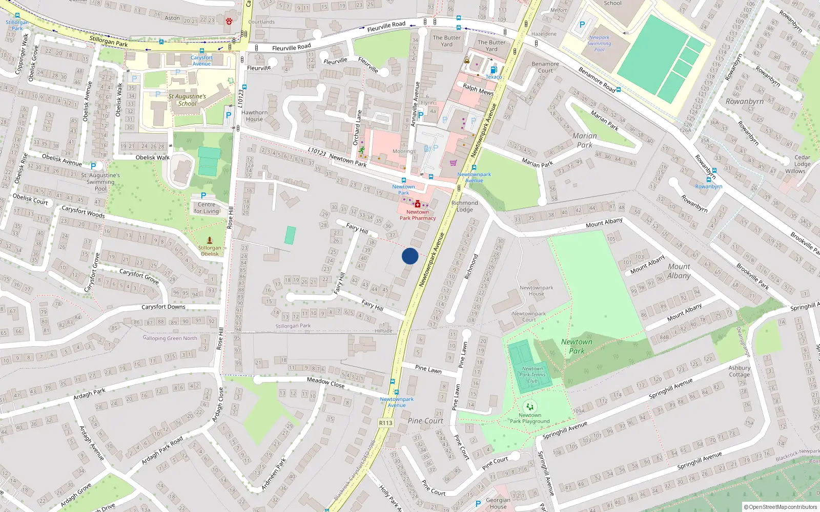 Overhead map showing the location of 121 Newtownpark Avenue, Blackrock, Co Dublin