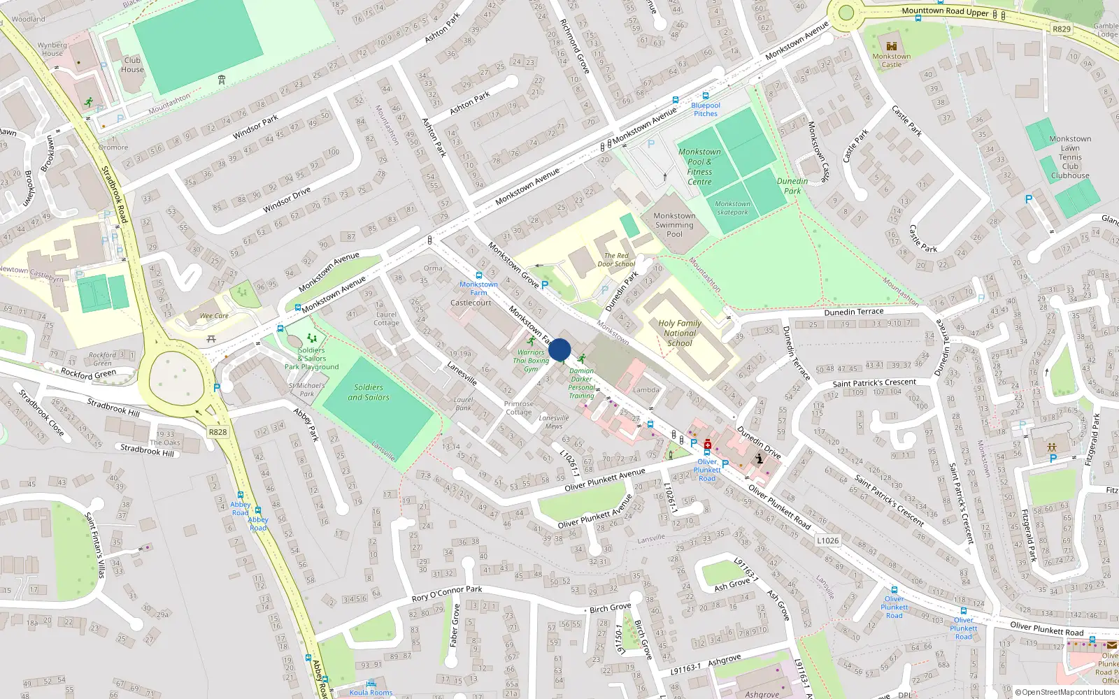 Overhead map showing the location of 121 Oliver Plunkett Road, Monkstown Farm, Dun Laoghaire