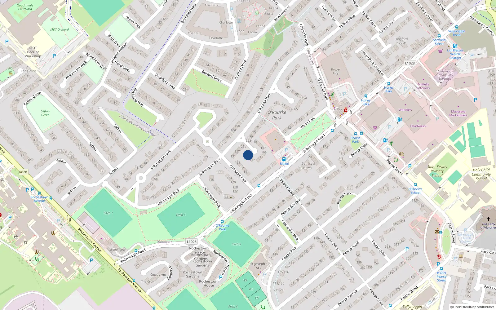 Overhead map showing the location of 121 O'Rourke Park, Sallynoggin