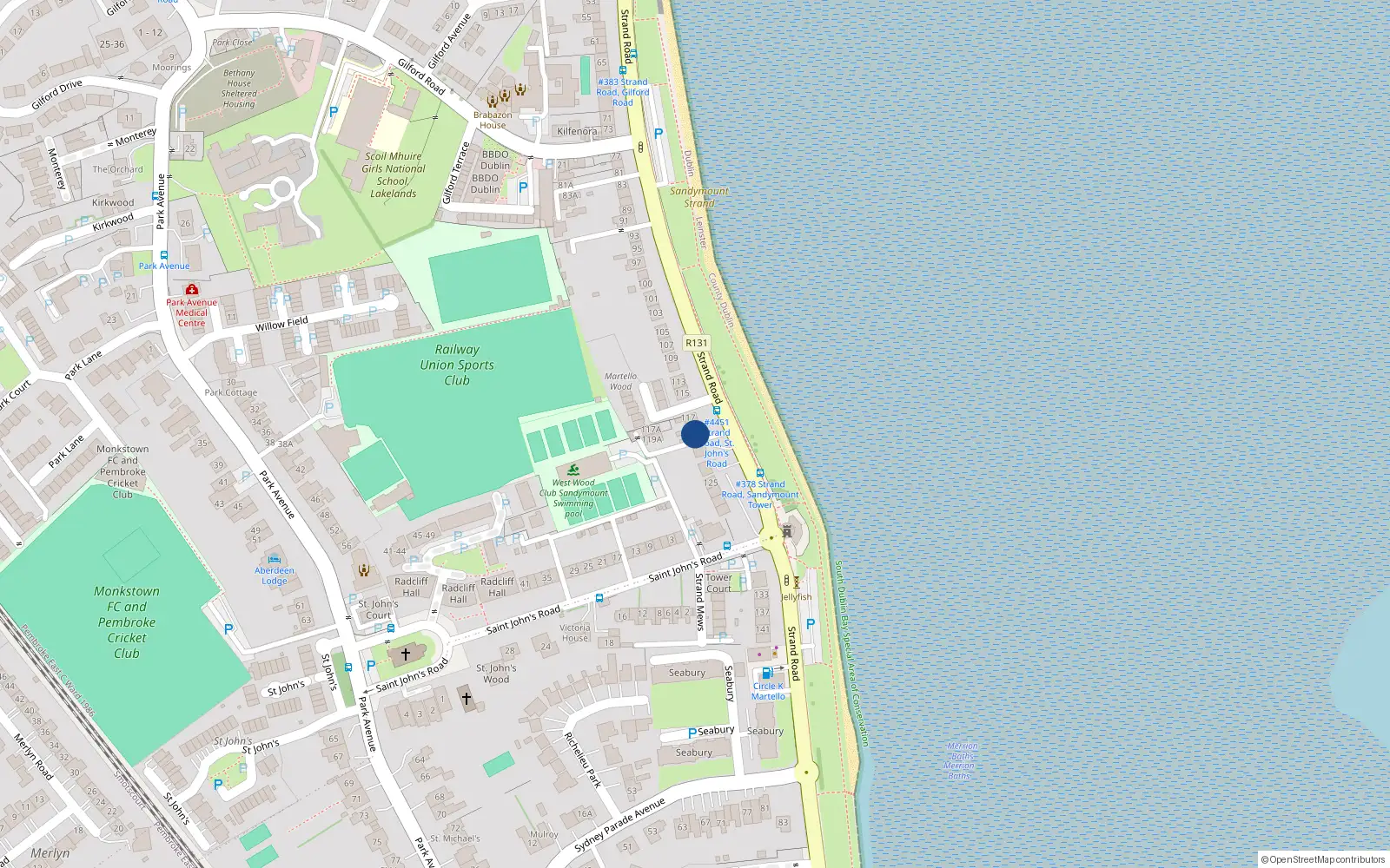 Overhead map showing the location of 121 Strand Road, Dublin 4