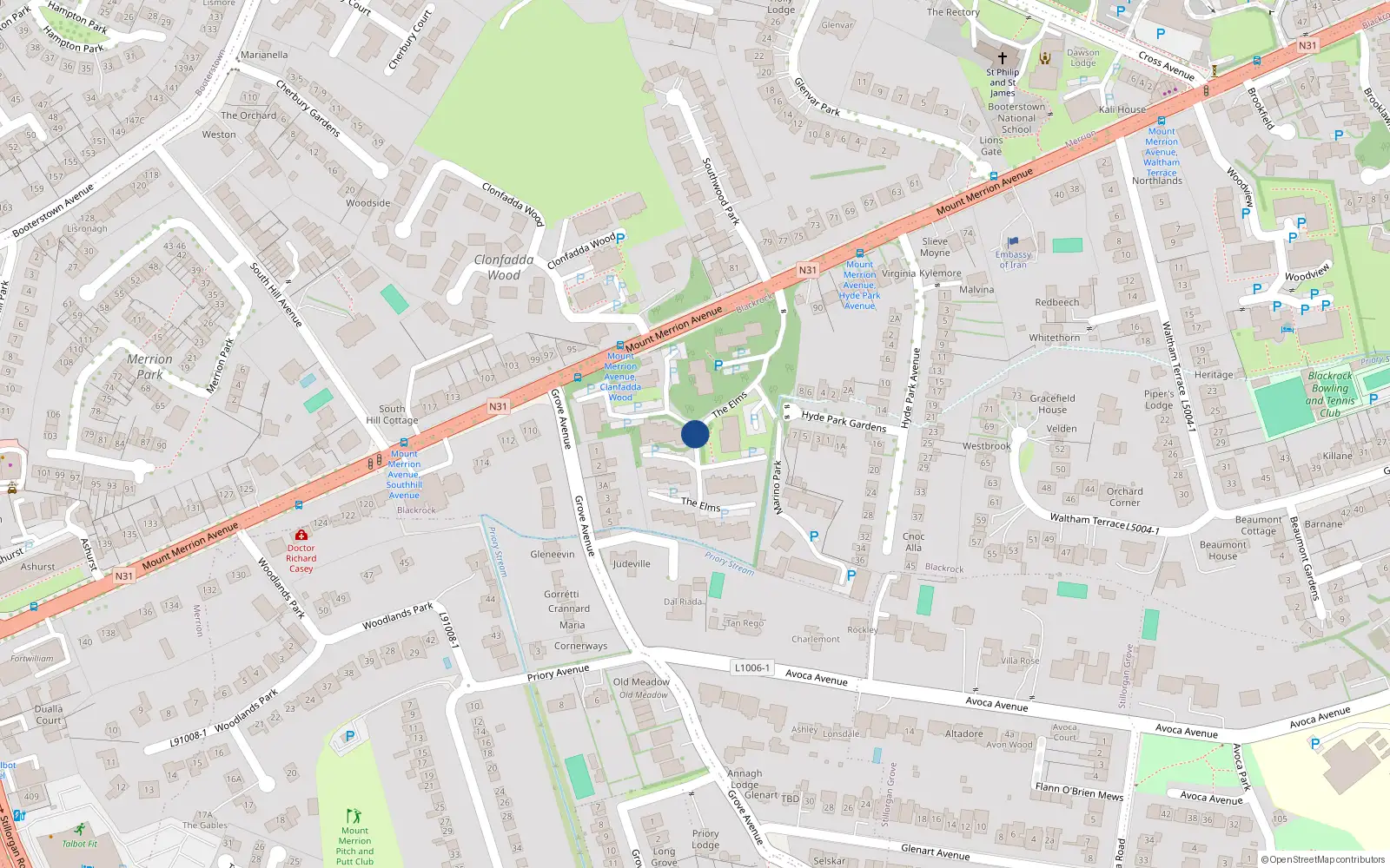 Overhead map showing the location of 121 The Elms, Blackrock
