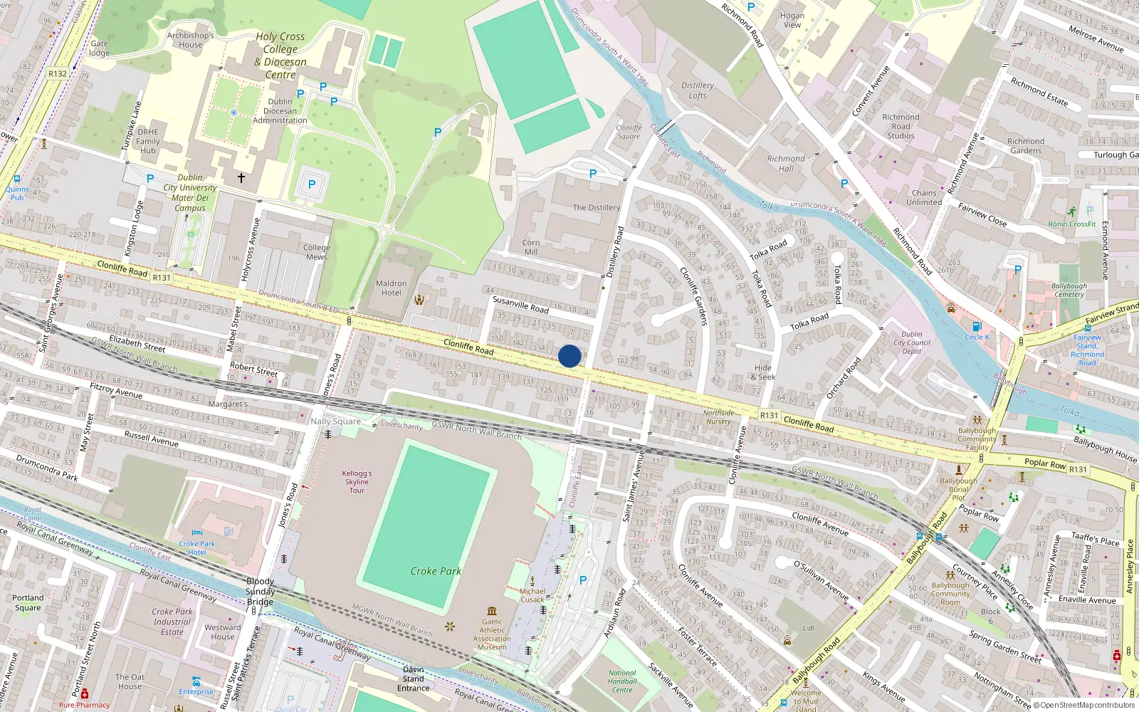 Overhead map showing the location of 122 Clonliffe Road, Drumcondra, Dublin 3