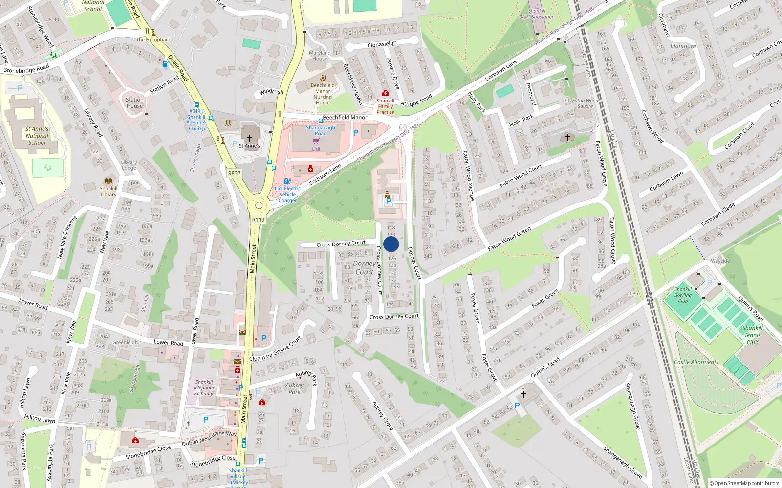 Overhead map showing the location of 122 Dorney Court, Shankill