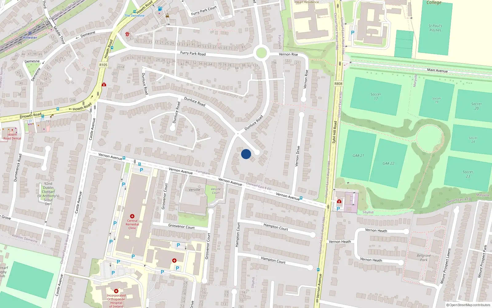 Overhead map showing the location of 122 Dunluce Road, Dublin 3