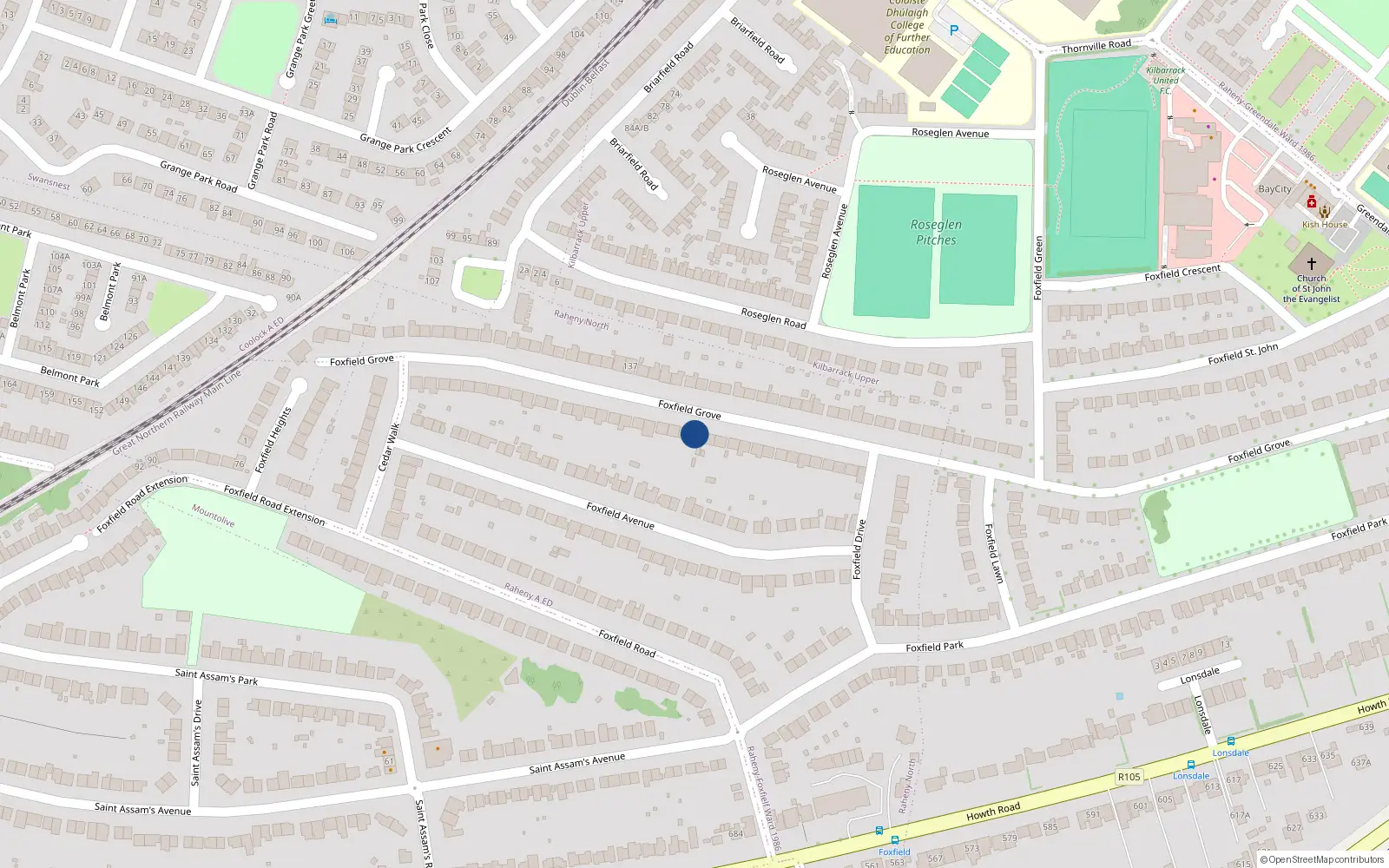 Overhead map showing the location of 122 Foxfield Grove, Dublin 5