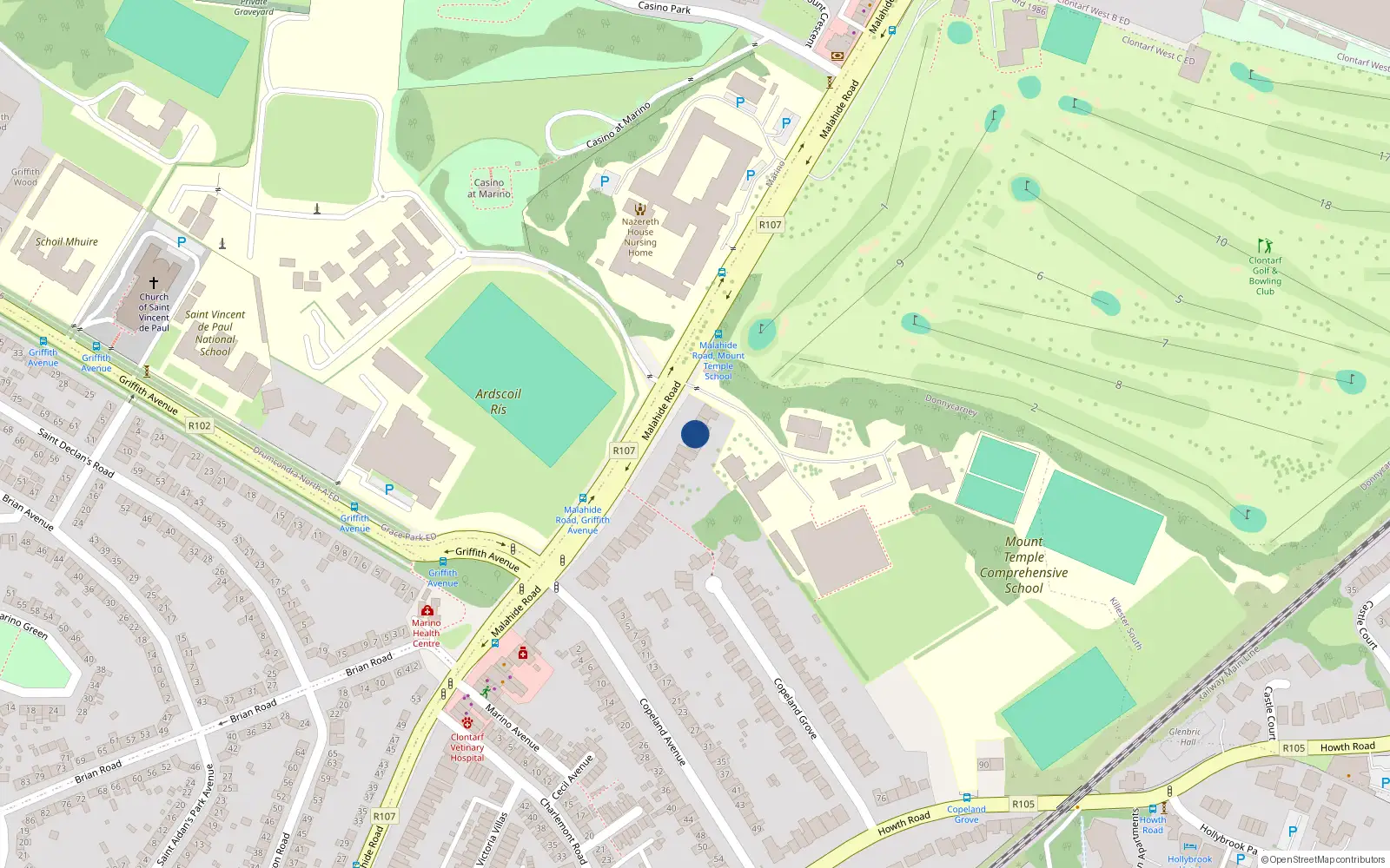 Overhead map showing the location of 122 Malahide Road, Dublin 3