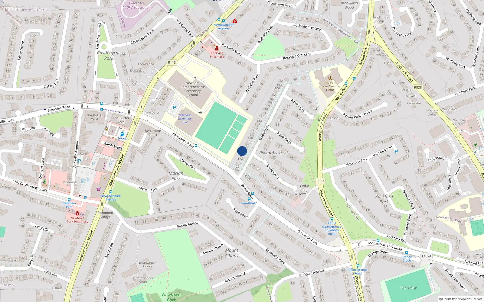 Overhead map showing the location of 122 Rowanbyrn, Blackrock, Co Dublin