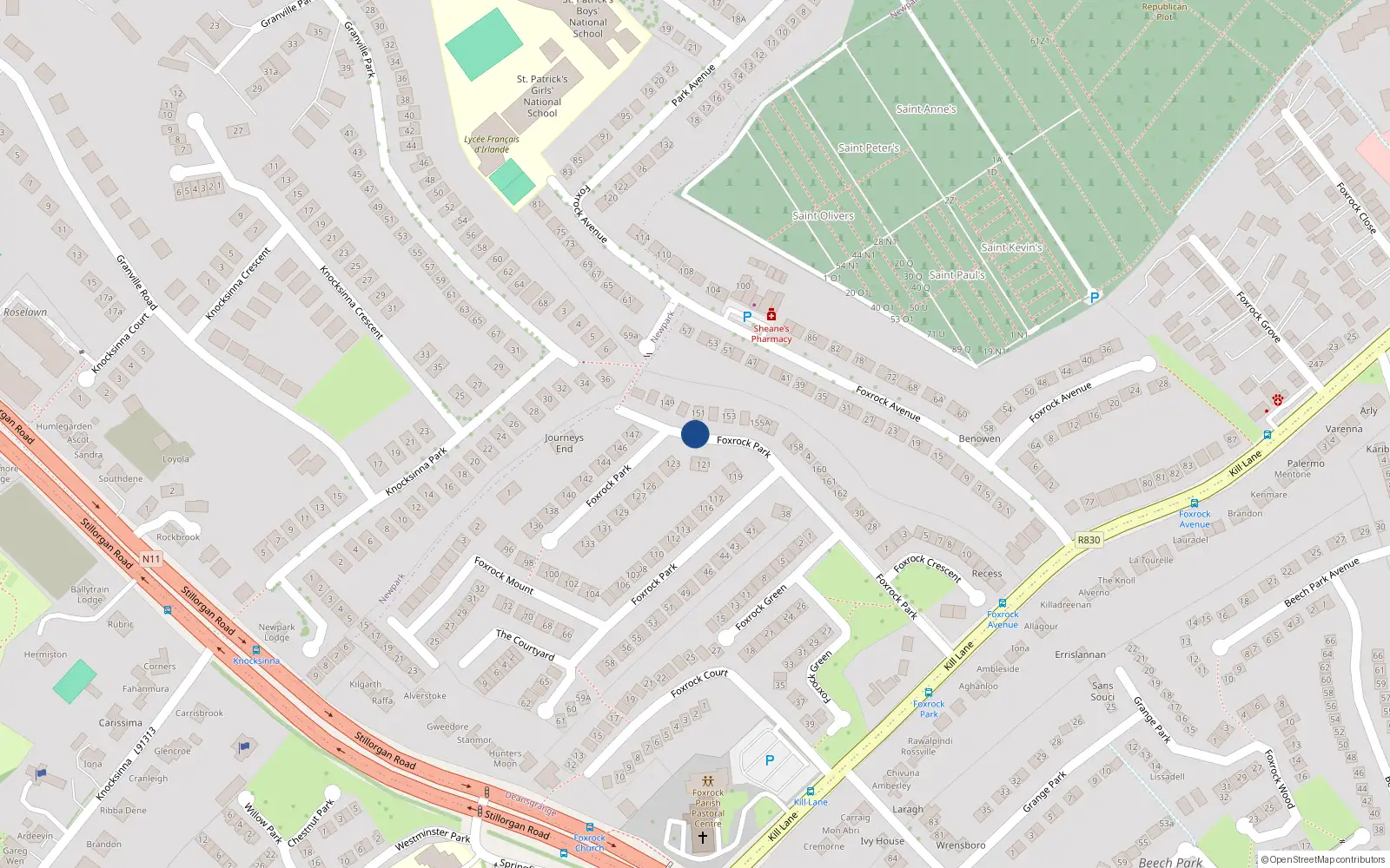Overhead map showing the location of 122 Foxrock Park, Dublin
