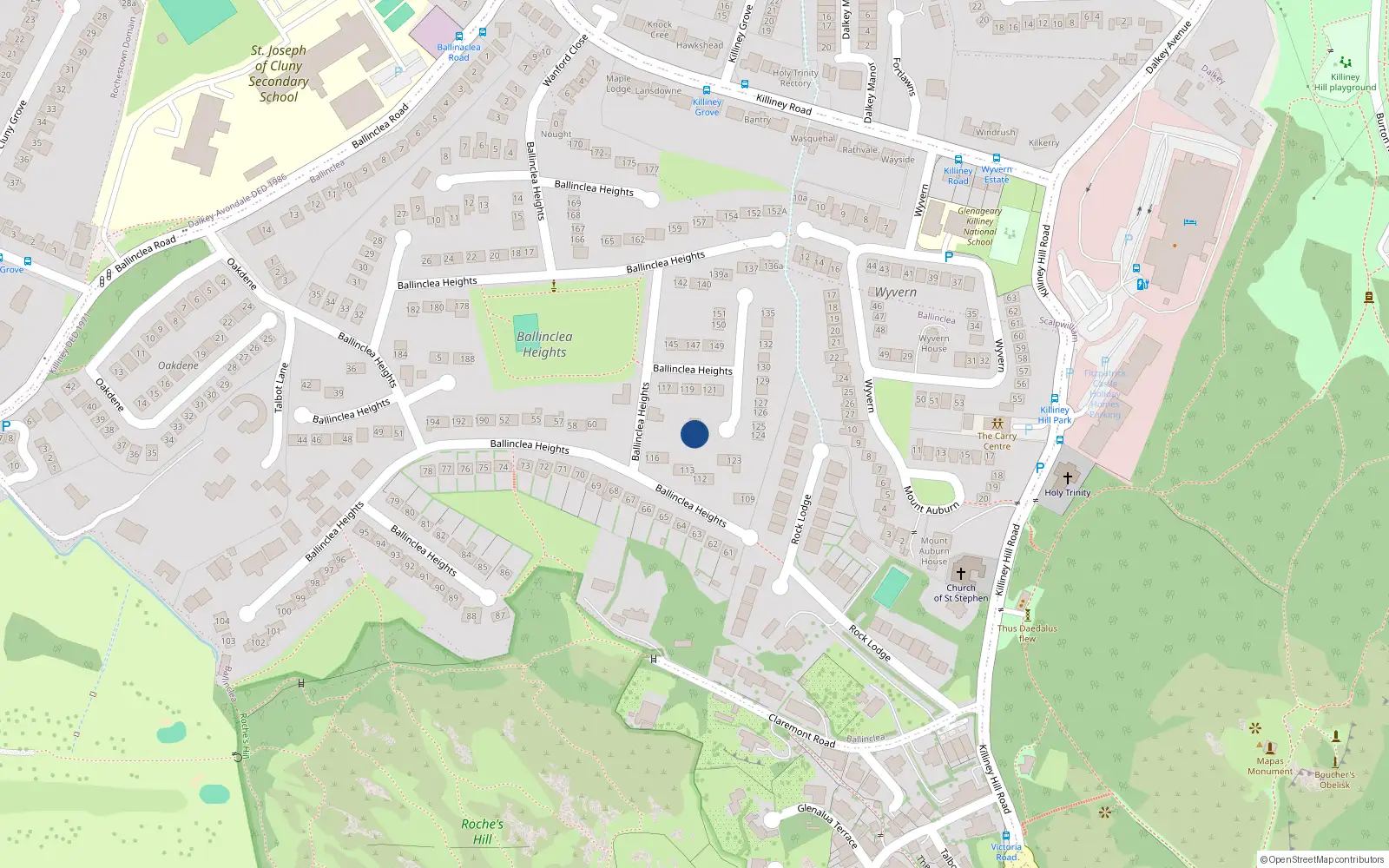 Overhead map showing the location of 123 Ballinclea Heights, Killiney