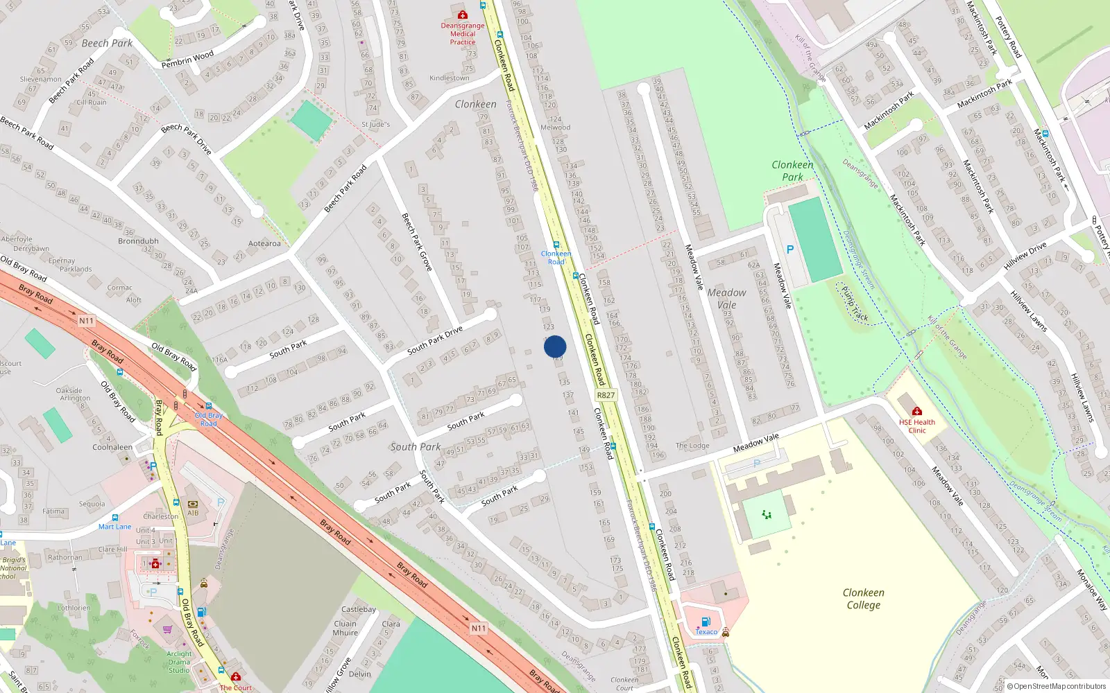 Overhead map showing the location of 123 Clonkeen Road, Blackrock