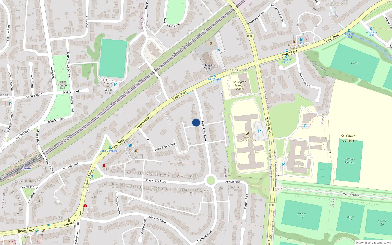 Overhead map showing the location of 123 Furry Park Road, Killester, Dublin 5