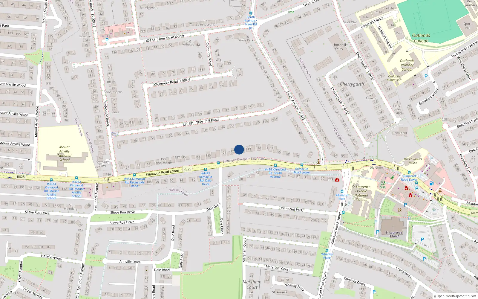 Overhead map showing the location of 123 Lwr Kilmacud Road, Stillorgan, Dublin