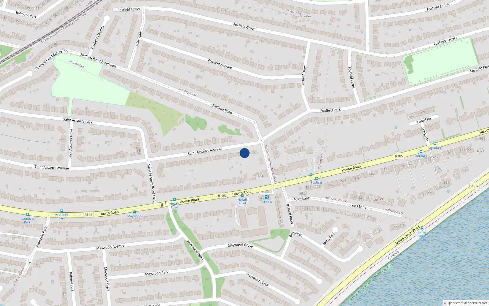 Overhead map showing the location of 123 St Assams Avenue, Raheny, Dublin 5