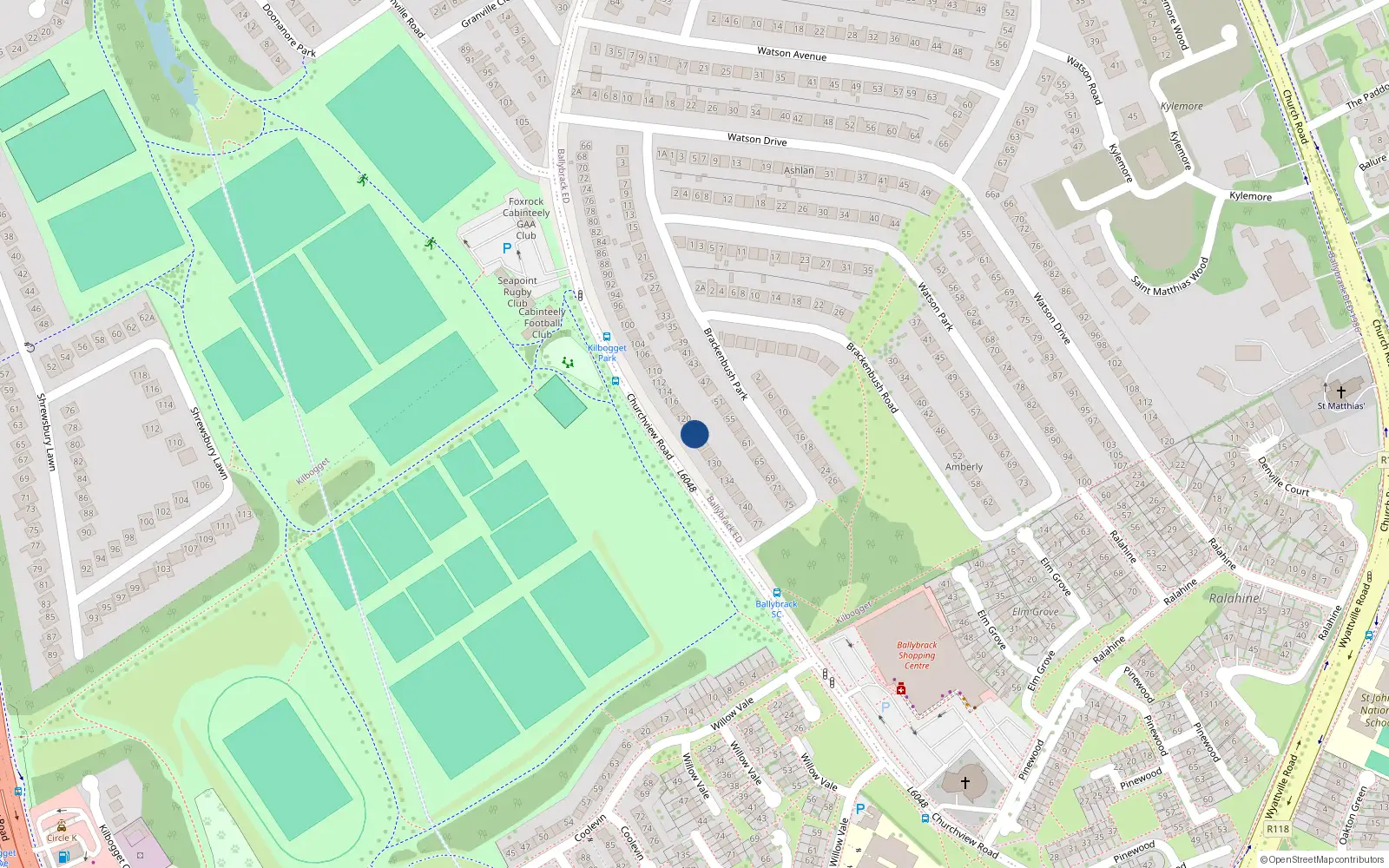 Overhead map showing the location of 124 Churchview Road, Dublin