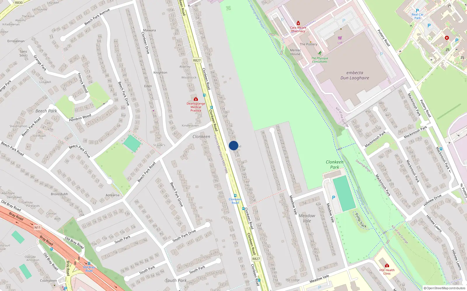 Overhead map showing the location of 124 Clonkeen Road, Blackrock