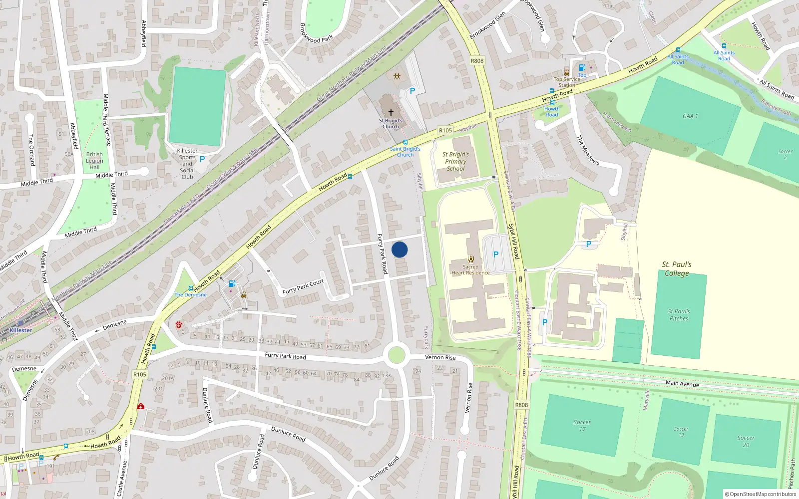 Overhead map showing the location of 124 Furry Park Road, Dublin 5