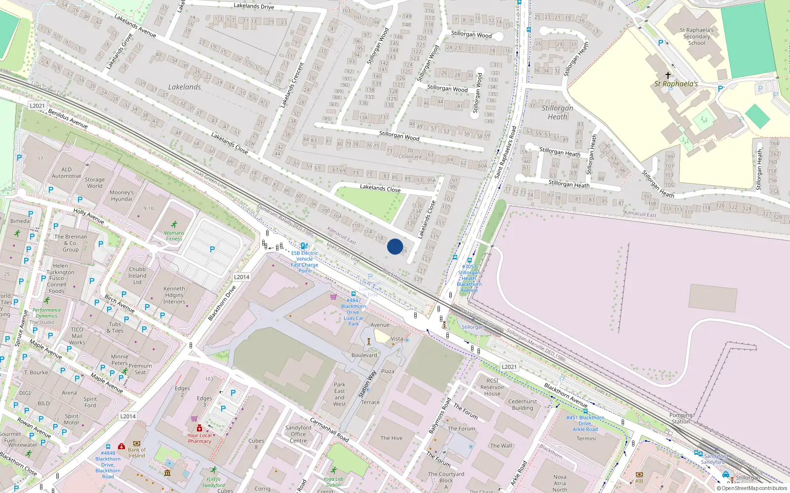 Overhead map showing the location of 124 Lakelands Close, Blackrock, Dublin