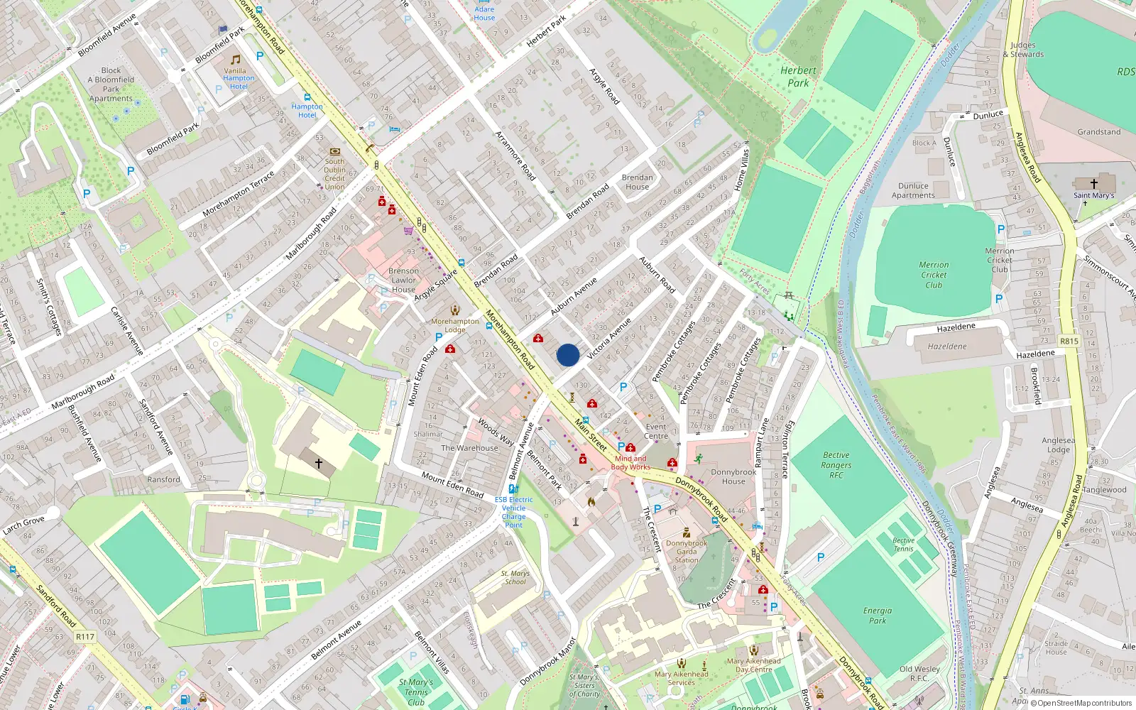 Overhead map showing the location of 124 Morehampton Road, Dublin 4
