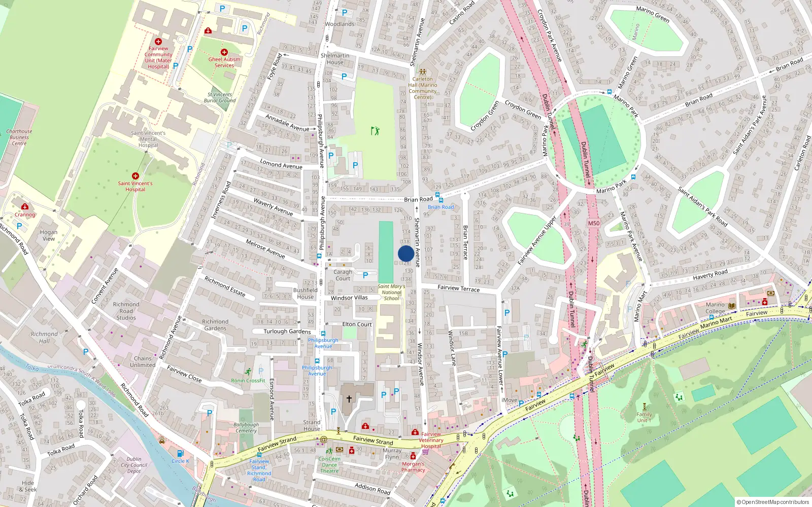 Overhead map showing the location of 124 Shelmartin Avenue, Fairview, Dublin 3