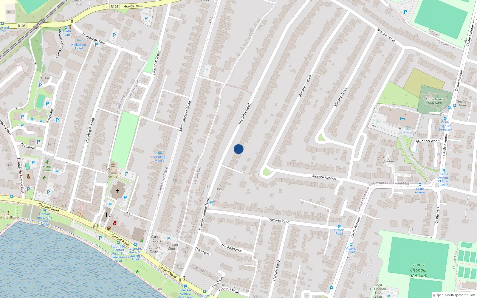 Overhead map showing the location of 124 the Stiles Road, Clontarf, Dublin 3