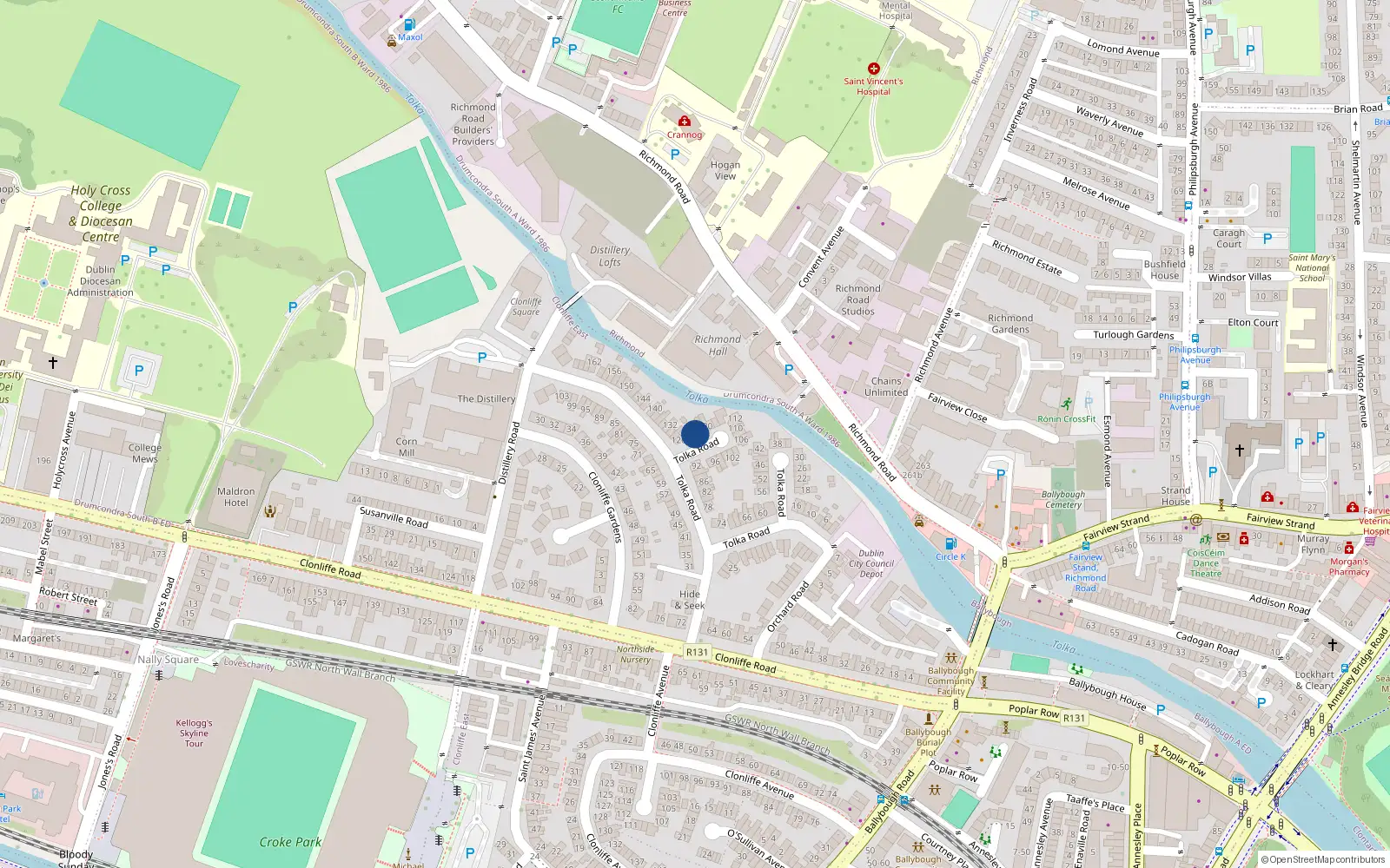 Overhead map showing the location of 124 Tolka Road, Dublin 3