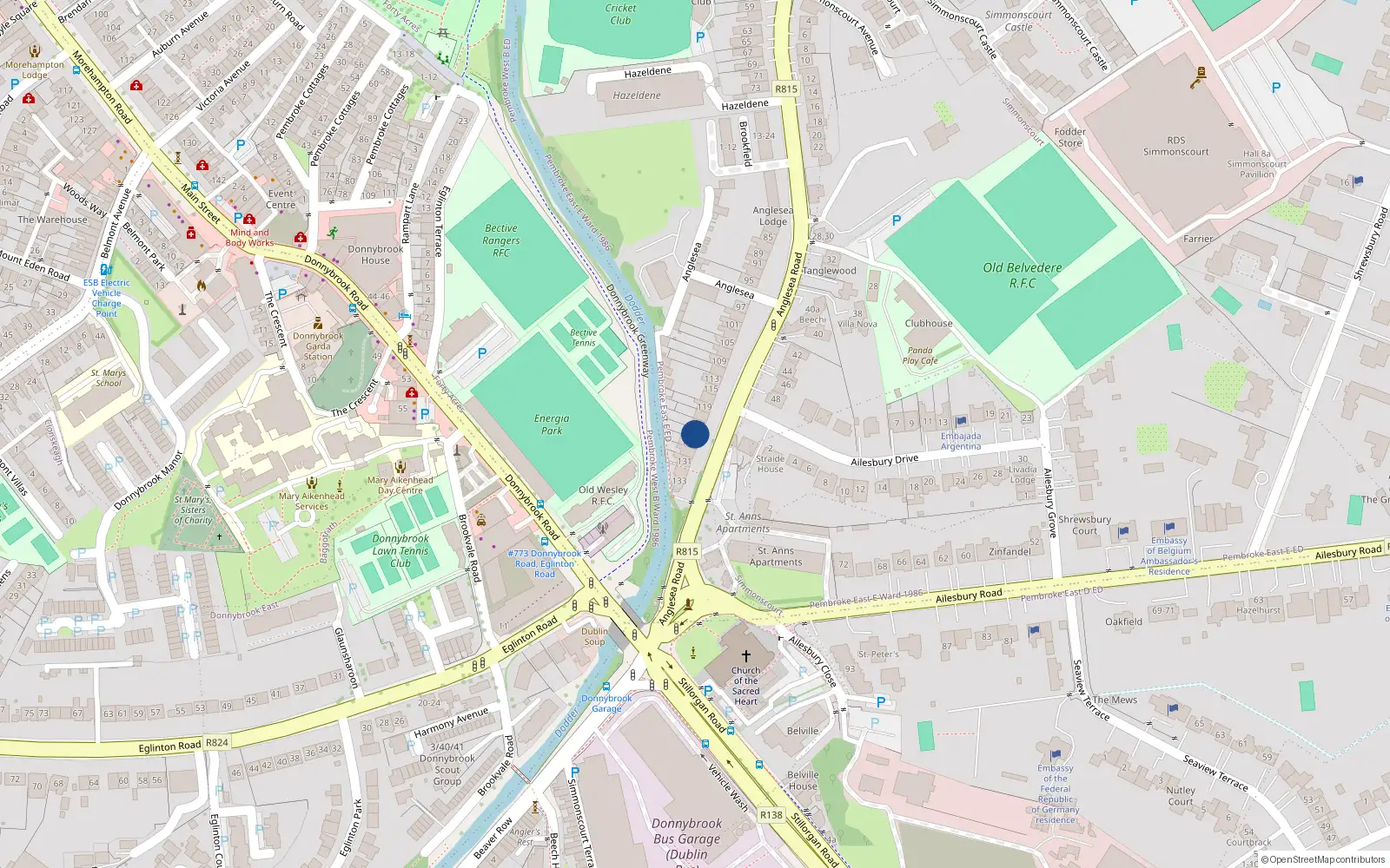 Overhead map showing the location of 125 Anglesea Road, Ballsbridge