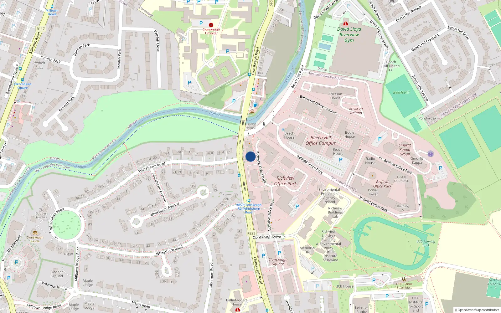 Overhead map showing the location of 125 Belfield Park, Stillorgan Road, Dublin 4